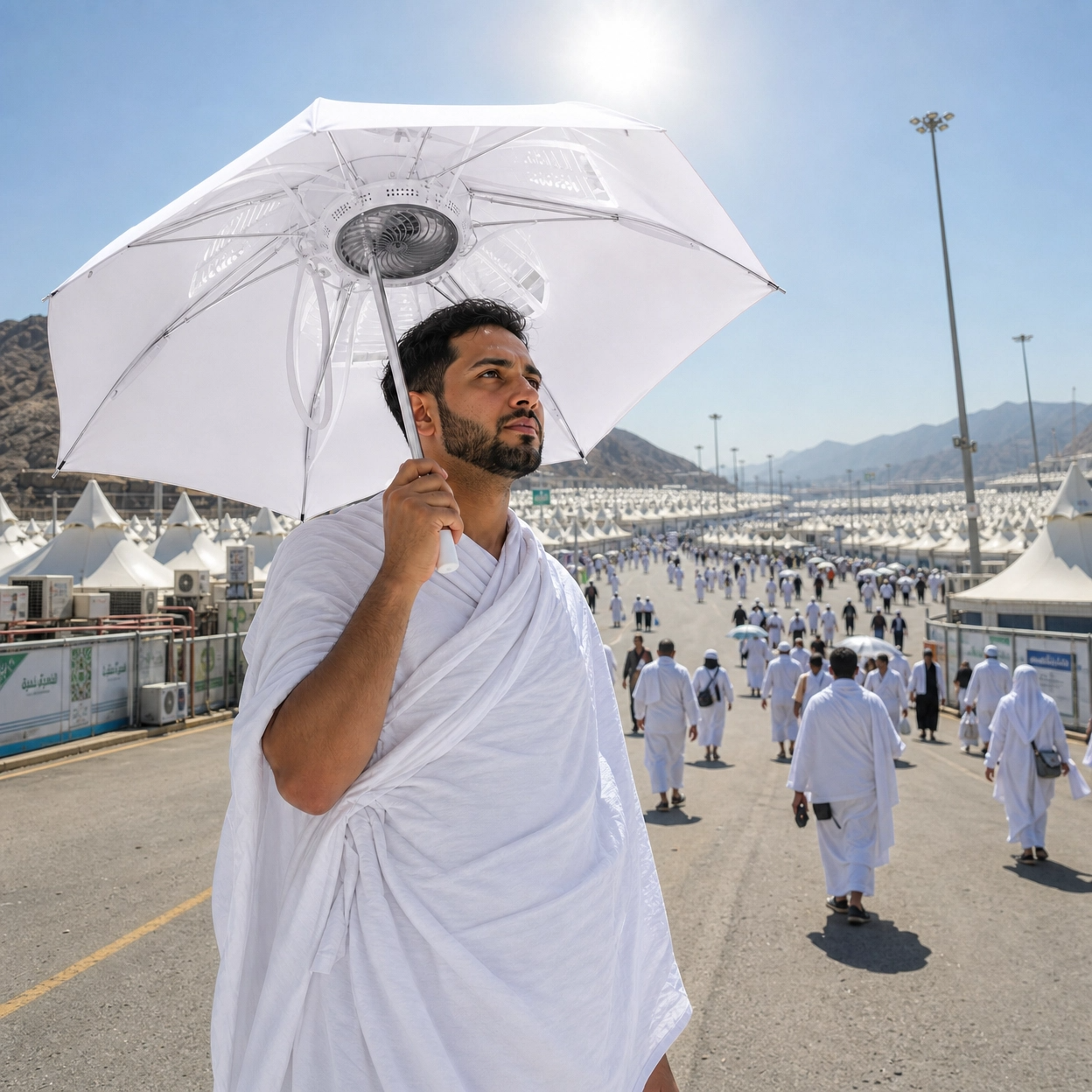 Fan Umbrella for Hajj 2026 / 3-in-1 UV Protection + Cooling Fan + Mist Spray | مظلة مروحة للحج